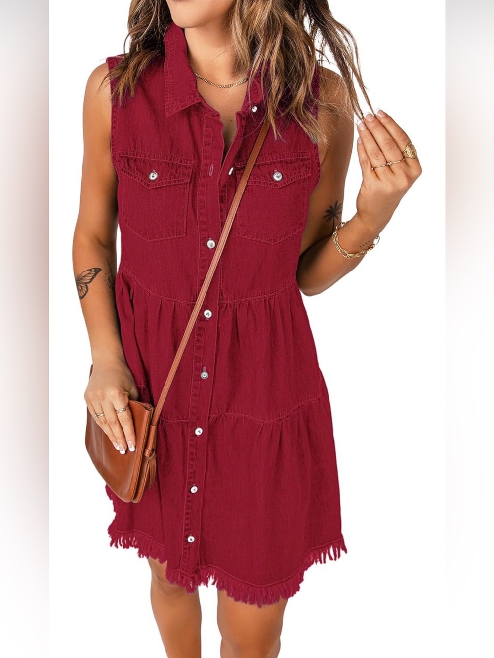 Luvamia Collared Button-Up Shirt / Dress in Vibrant Red - Size Small